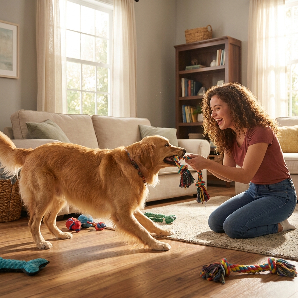 Tutor brincando com cachorro dentro de casa