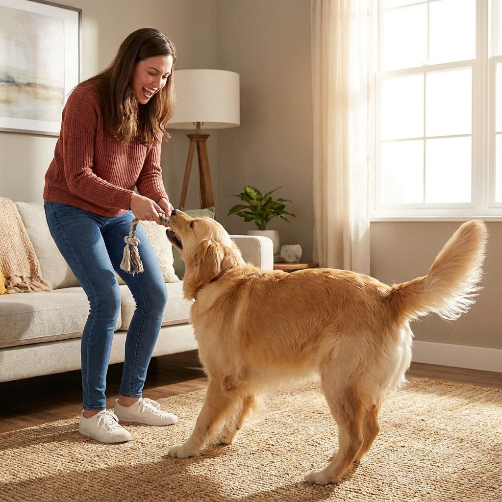 Cachorro brincando feliz com tutor em casa